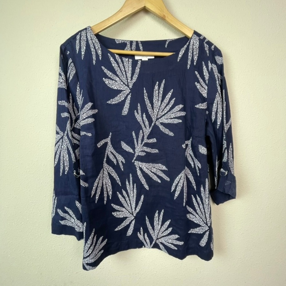 Charter Club Linen Blouse Womens‎ L Navy Blue White Leaf Coastal Grandma Top
